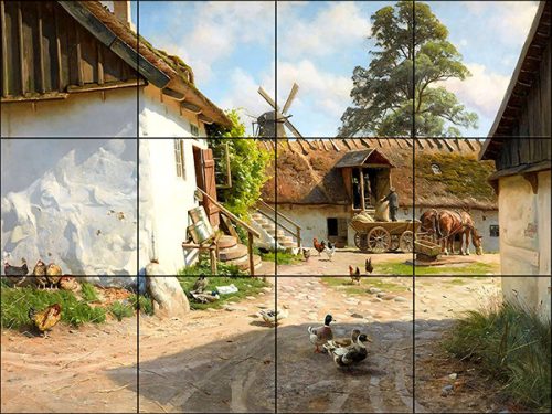 Tile mural with farmyard, poultry, horse cart and windmill